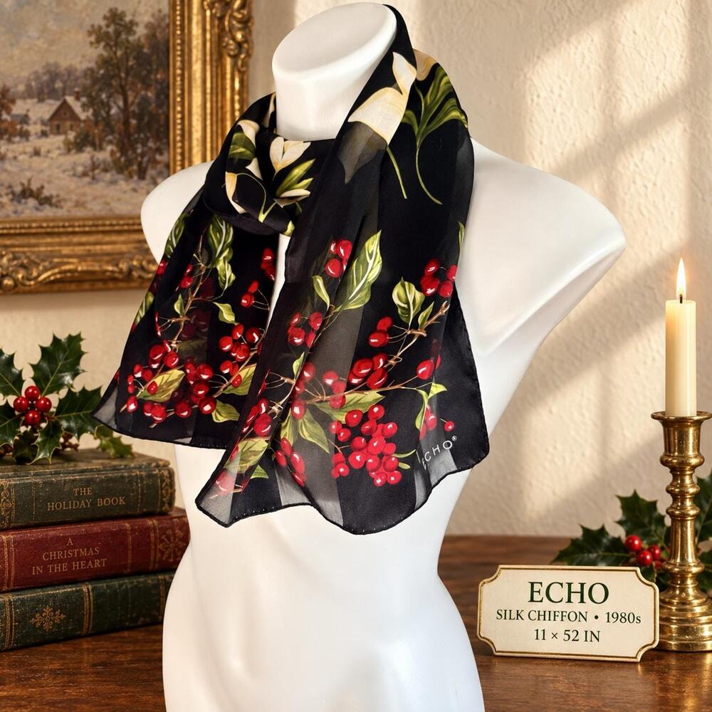 Vintage Echo Silk Chiffon Scarf 1980s Holly Berry Christmas Black Oblong 11x52